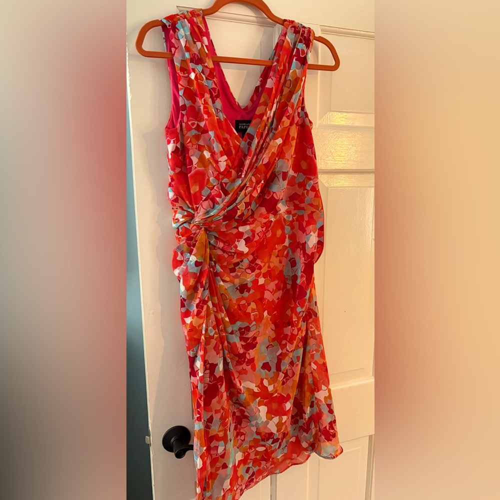 Sleeveless v-neck dress, orange & blue